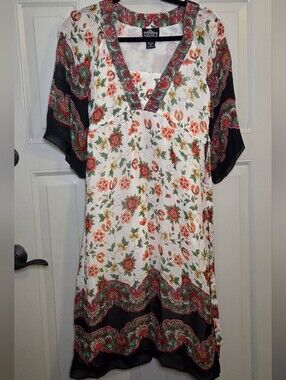 Angie - White Midi Dress with Red and Green Floral Print And Black Contrast Trim